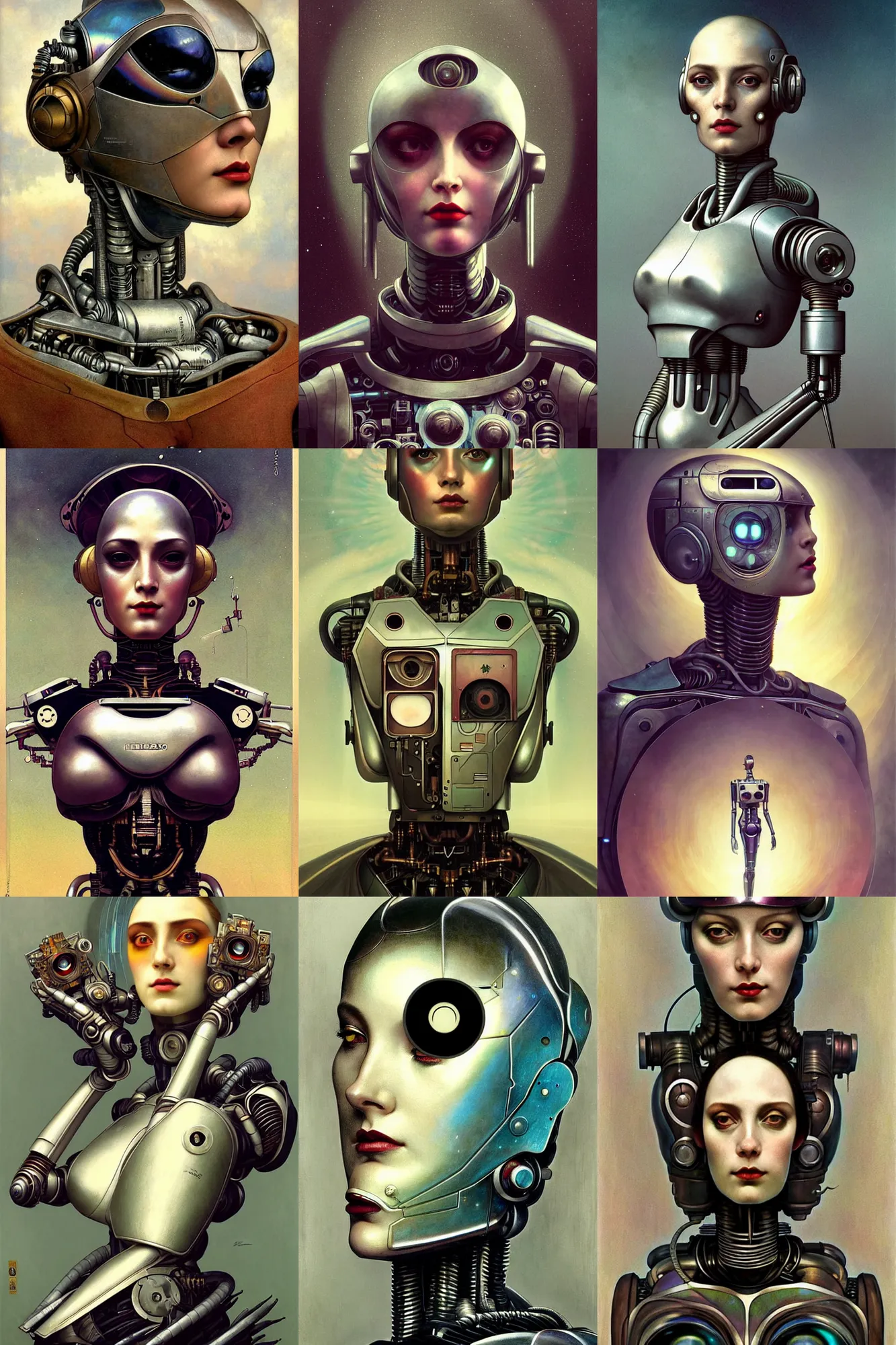 Prompt: full frame fullbody and portrait futurist cyborg empress, perfect future, award winning art by santiago caruso, iridescent color palette, beautiful face, by wlop and karol bak and bouguereau and viktoria gavrilenko, 1 9 5 0 s retro future robot android. muted colors