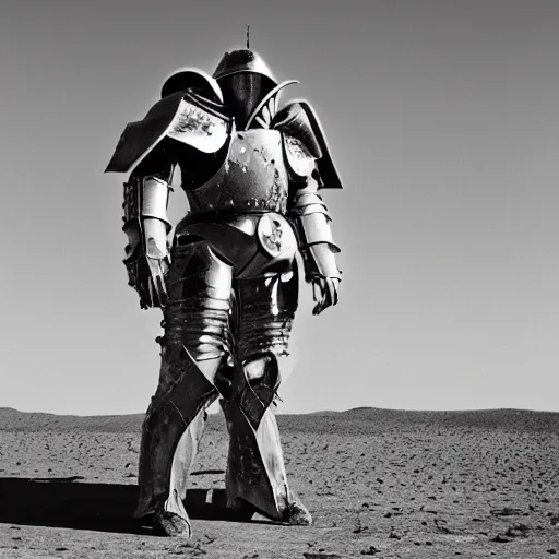 Image similar to photograph of a man in a very oversized mech armor that is 3 0 feet tall and 1 0 feet wide. his head is very small sticking out of the armor. desert setting. high detail.