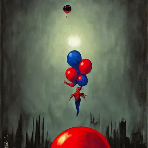 Image similar to grunge painting of spiderman with a wide smile and a red balloon by chris leib, loony toons style, pennywise style, corpse bride style, horror theme, detailed, elegant, intricate, conceptual, volumetric light