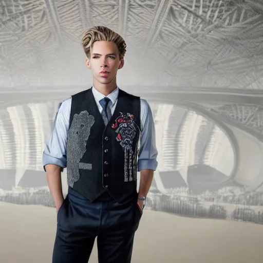 Prompt: Portrait photo of adult Austin Butler with exposed dark-hair head, dressed in grey-prussian blue Tudoresque-Gigeresque casual garb, and griffin-embroidered nanocarbon-vest, in an arena in Dune 2021, XF IQ4, f/1.4, ISO 200, 1/160s, 8K