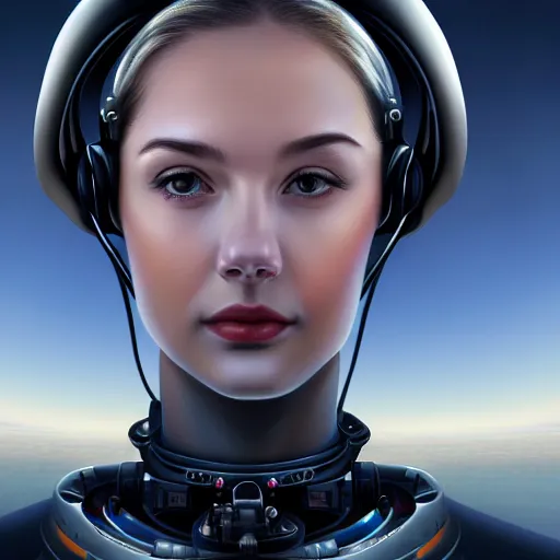Image similar to portrait of the beautiful young robotic pilot of jets, surreal, fantasy, intricate, mechanical, elegant, dramatic, piloting a fighter jet, highly detailed, gears, lifelike, photorealistic, digital painting, painterly, artstation, concept art, smooth, head in focus, sharp focus, background aerial battle, illustration, art by John Collier and Krenz Cushart and Artem Demura and Alphonse Mucha and Albert Aublet,
