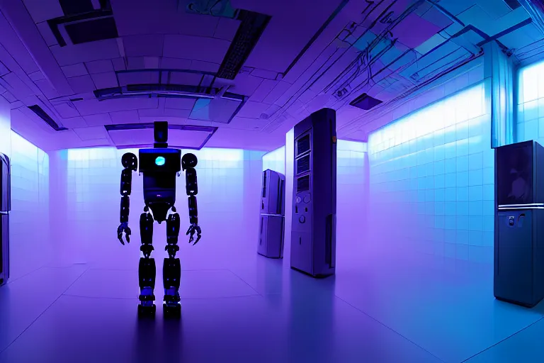 Image similar to humanoid robot in a server room, purple and blue color scheme, dan mumford, inception, blade runner, the fifth element, fisheye, volumetric octane render, by ruan jia and ross tran, malevich