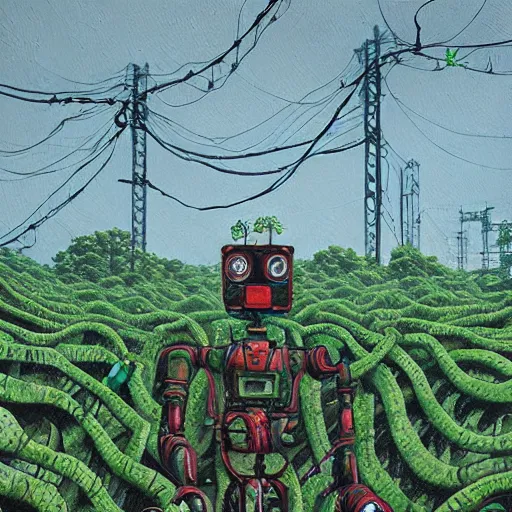 Prompt: abandoned giant robot, overgrown with vines, oil dotwork painting by Simon Stålenhag