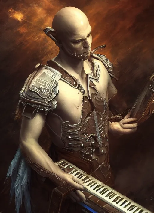 Image similar to upper body portrait of a keyboard warrior from final fantasy live action, holding a keyboard by his computer, award winning, masterpiece digital painting by greg rutkowski, alex grey, artstation, 4 k wallpaper,