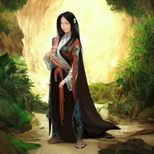 Prompt: ancient chinese princess, standing in an oasis in the desert, elegant, anime, long black hair, oil painting, smooth, artstation, concept art