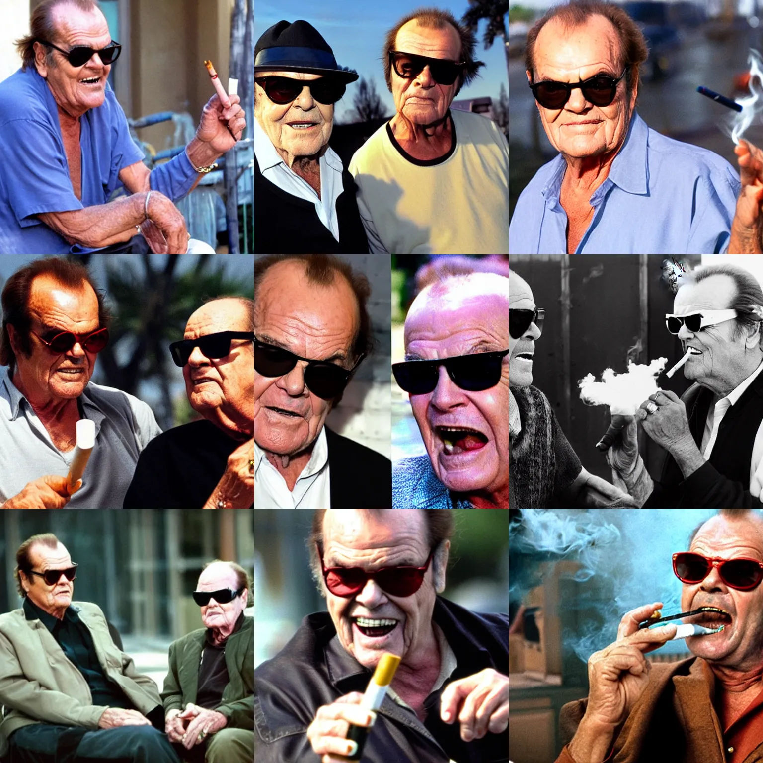 Prompt: jack nicholson wearing sunglasses and smoking a cigarette with sans from undertale