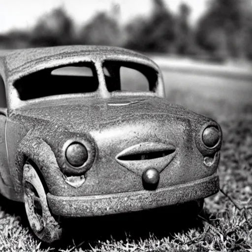 Prompt: a 1 9 5 0 s ride - on toy car, abandoned on the side of the road, in a soviet wasteland. weeds are overgrown and the eyes on the car look slightly angry. the wheels seem to be turning into hands. black and white photo. surrealism.