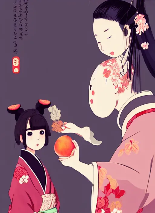 Image similar to a girl wearing a kimono giving a peach to a large anthropomorphic asian black bear, anime art, featured in artstation, artgerm, award winning, cinematic, elegant, intricate, 8 k, in the style of heikala and timothy kong and laia lopez and viorie,