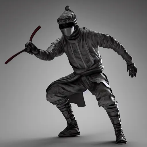 Image similar to 3 d rendering of marble and chrome statue of ninja wearing full face mask and hunter hat, dramatic pose, combat suit, technological, octane render