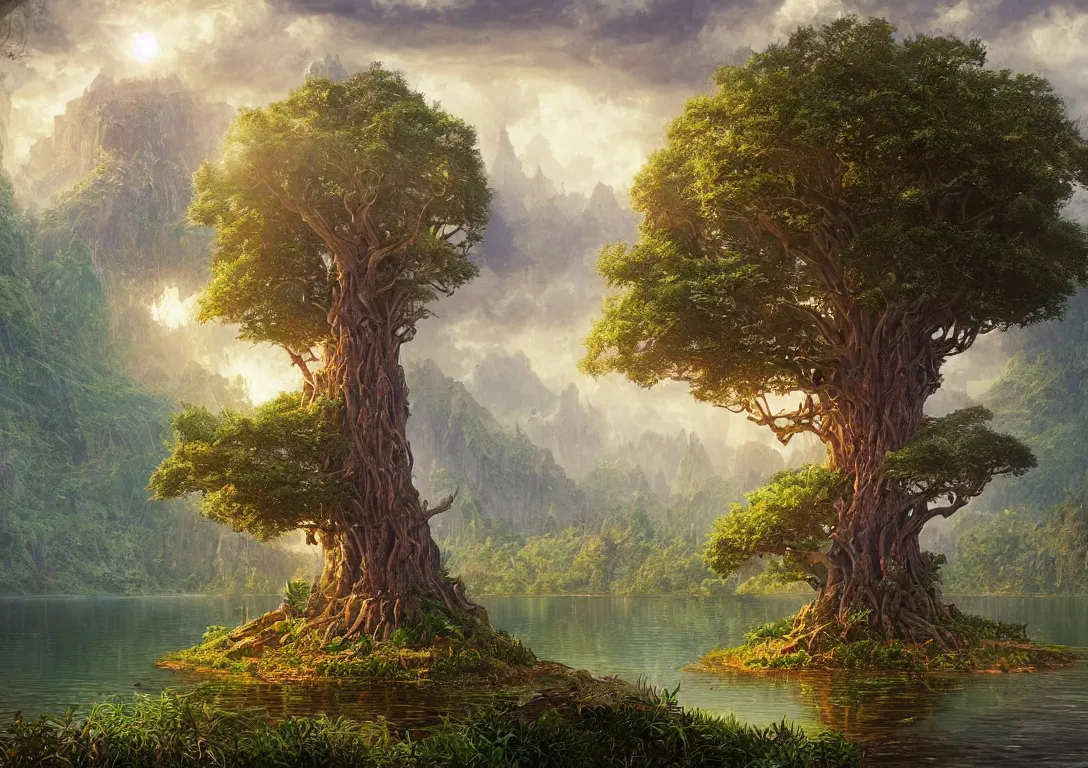 Prompt: beautiful hyper realistic detailed matte painting of big fantasy tree of life in the middle of lake in garden of eden, hdr, by Moebius and John Howe and Albert Bierstadt and Alena Aenami, ultra detailed, high resolution