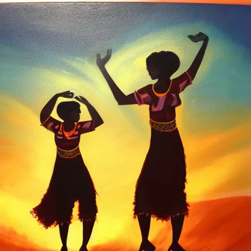 Prompt: african women dancing around a glowing energized steampunk portal at sunset, by alan kenny, oil on canvas