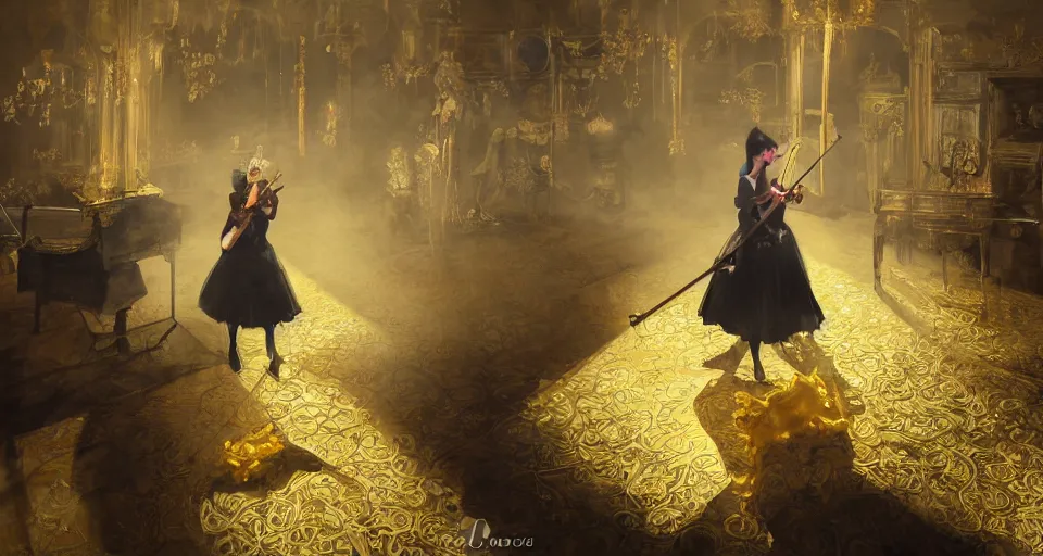 Image similar to craig mullins and ghibli digital art of on the stage of the theater, a masked female violinist performs alone, dressed in exotic costumes, gold jewelry, and black hair realistic shading, cinematic composition, realistic render, octane render, detailed textures, photorealistic, wide shot