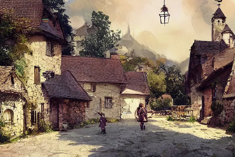 Image similar to adventurer _ _ _ _ _ _ 1 9 5 0 s _ retro _ old village in summer landscape _ muted _ colors. _ _ _ _ _ _ by _ jean _ baptiste _ monge