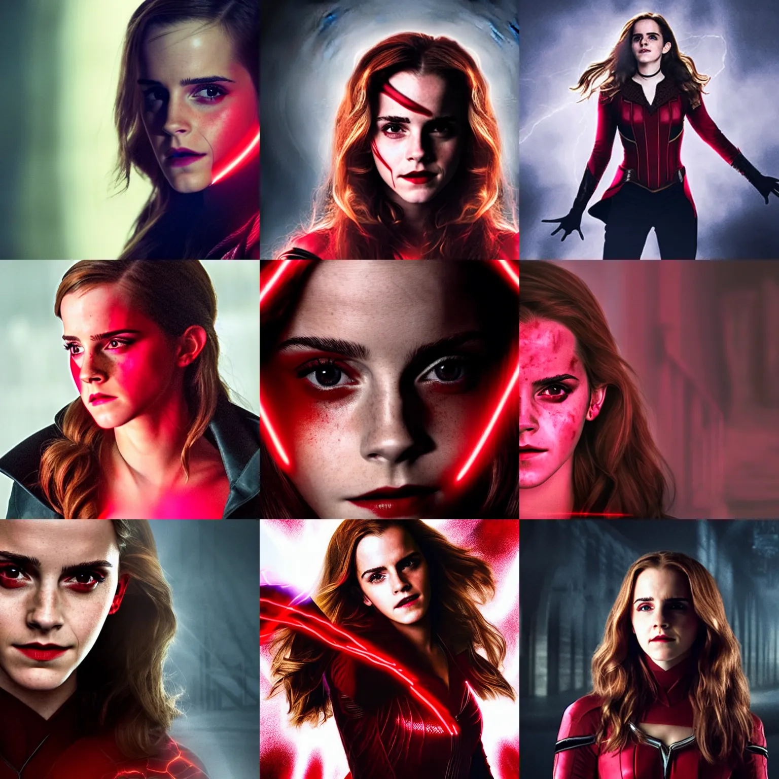 Prompt: emma watson as the scarlet witch with red glowing eyes, dark room