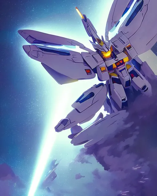 Image similar to highly detailed vfx portrait of an angelic gundam with wings of feathers beam saber fighting in space with a beam gun, unreal engine, greg rutkowski, loish, rhads, beeple, makoto shinkai and lois van baarle, ilya kuvshinov, rossdraws, tom bagshaw, alphonse mucha, global illumination, detailed and intricate environment