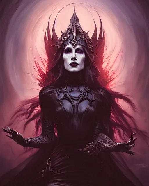 Image similar to portrait of an evil queen, dark magic, beautiful face, attractive young woman,heroic pose, full body, dramatic lighting, dark and horror, dust and blood, intricate, wild, highly detailed, digital painting, artstation, concept art, smooth, sharp focus, illustration, art by artgerm and greg rutkowski and alphonse mucha, footage from space camera