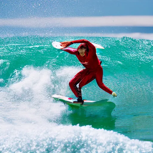 Image similar to a surfer surfing on a large wave of ketchup, through a sea made of ketchup, on a sunny day, 8 k, wide angle photography