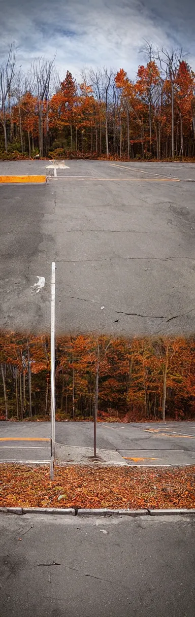 Image similar to “panorama of an abandoned gas station parking lot autumn forest realistic detailed low angle cinematic camera detail cracked pavement wide angle”