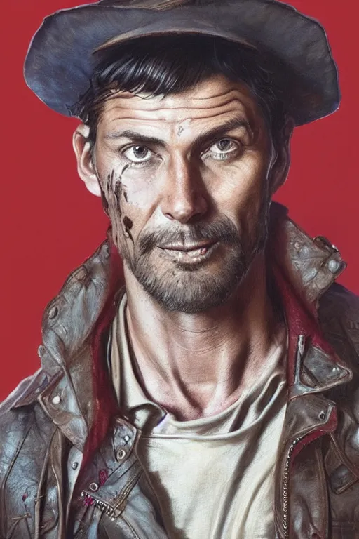 Image similar to headshot portrait of a gaunt 40's adventurer, unshaven, optimistic, stained dirty clothing, straw hat, riding boots, red t-shirt, dusty rown bomber leather jacket, concept art, photorealistic, hyperdetailed, 3d rendering! , art by Leyendecker and frazetta!,