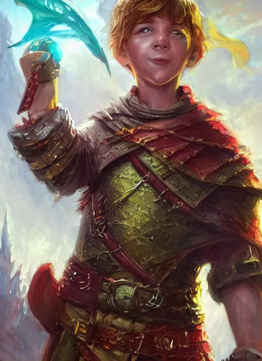 Prompt: young boy, ultra detailed fantasy, dndbeyond, bright, colourful, realistic, dnd character portrait, full body, pathfinder, pinterest, art by ralph horsley, dnd, rpg, lotr game design fanart by concept art, behance hd, artstation, deviantart, hdr render in unreal engine 5