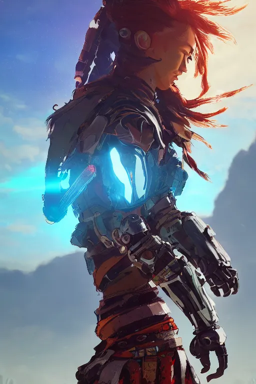 Image similar to combination suit armor aloy horizon forbidden west horizon zero dawn radiating a glowing aura global illumination ray tracing hdr fanart arstation by ian pesty and alena aenami artworks in 4 k tribal robot ninja mask helmet backpack