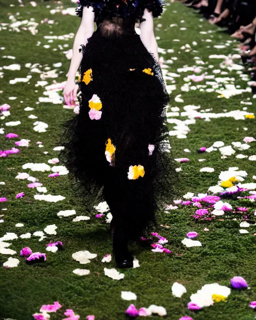 Image similar to olivia wearing an outfit made from flowers, catwalking at new york fashion week, attractive sporty physique, black hair, freckles, pale skin, photo by greg rutkowski, stage lighting, soft colors, female beauty, intricate detail, elegance, 3 5 mm, depth of field, masterpiece