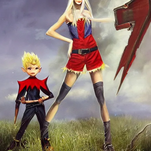 Prompt: a skinny teen as a fantasy elf with spiky blonde hair wearing dark brown overalls and holding a firecracker standing next to a destroyed car, painting by artgerm