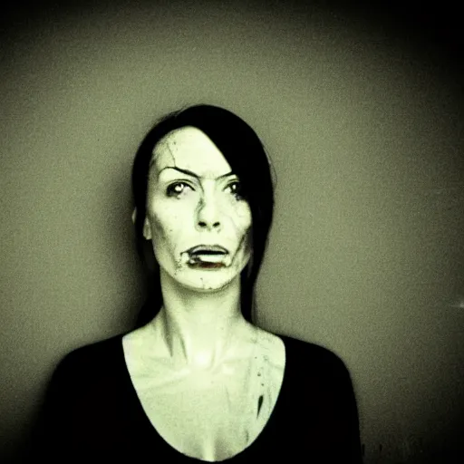 Image similar to a woman whos body is static losing frequency phasing out, dark eerie photo taken by digital hollywood