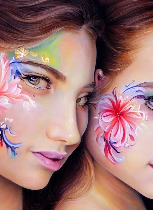 Prompt: a beautiful detailed painting of two girls face painting, realistic, f 8, 4 k hd wallpaper