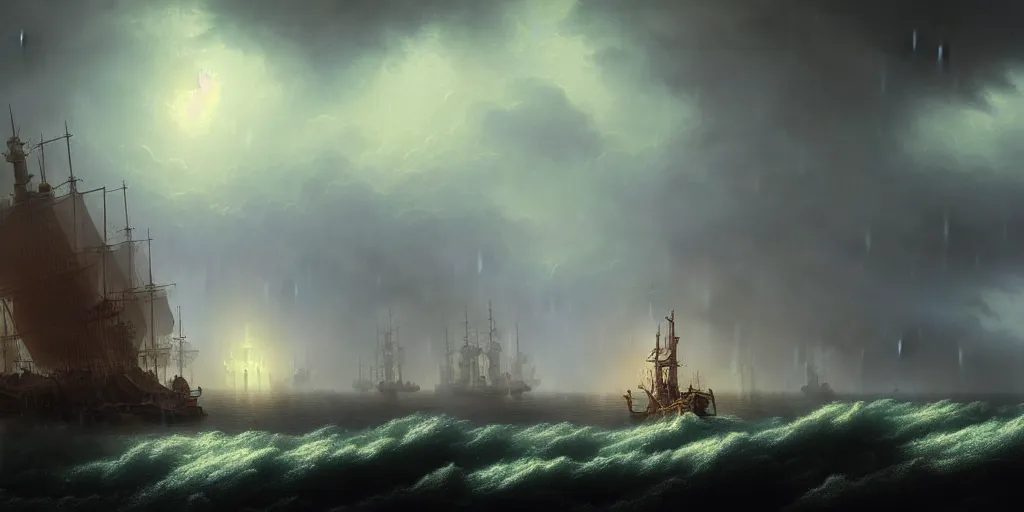 Image similar to A floating steampunk city above an ocean, rainy, turmoil, storm, extremely detailed digital matte painting inspired by Ivan Aivazovsky