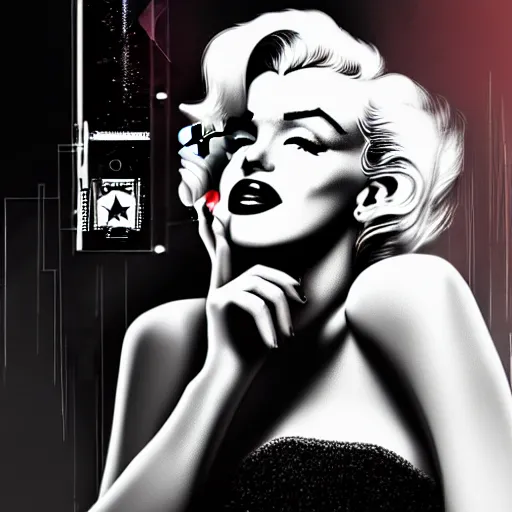 Image similar to marilyn monroe cyberpunk, cigarette dangling, grenade in hand, by pascal blanche, ultradetailed, 8 k