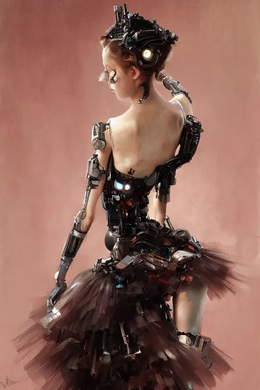 Image similar to sitting beautiful painting of a crowned robotic cyberpunk ballerina in a gothic dark flowing tutu intricate, elegant, highly detailed, digital painting, artstation, concept art, by krenz cushart and artem demura and william adolph bouguereau