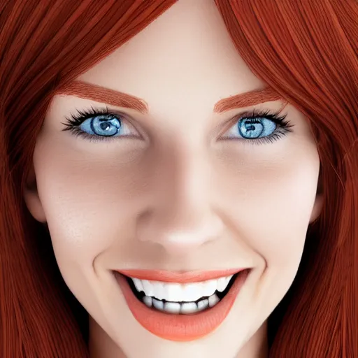 Prompt: selfie of a beautiful woman with auburn hair and blue eyes, smiling at the camera, 4 k, cartoon digital art