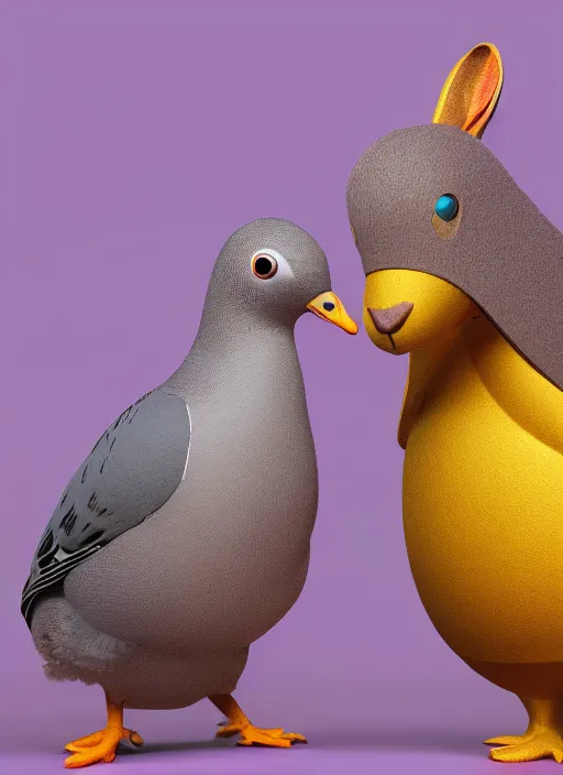 Prompt: render of a pigeon and a rabbit, colorful background, blender, ray tracing, path tracing, octane, maya, houdini, vfx, in luxury advertisement, sharp focus, volumetric lighting