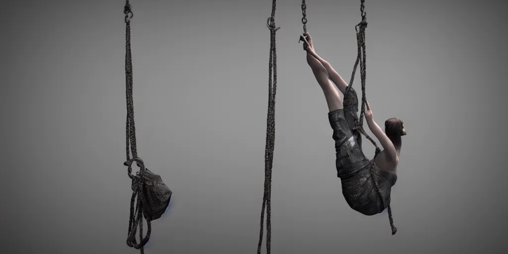 Image similar to a highly detailed photographic render of a woman hanging from a noose, horror, beautifully lit, ray traced, octane 3D render, octane render, unreal engine