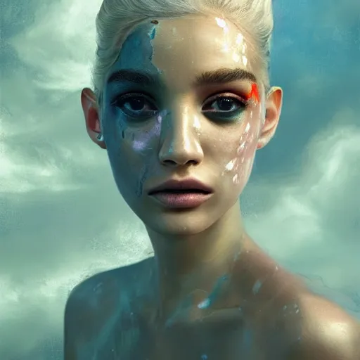 Prompt: 3 d, sci - fi, close - up, blonde fashion model with pigment condition vitiligo, cinematic, clouds, steam, snakes background, vogue cover style, poster art, bright mood, realistic painting, intricate oil painting, high detail illustration, figurative art, multiple exposure, poster art, by tooth wu and wlop and beeple and greg rutkowski
