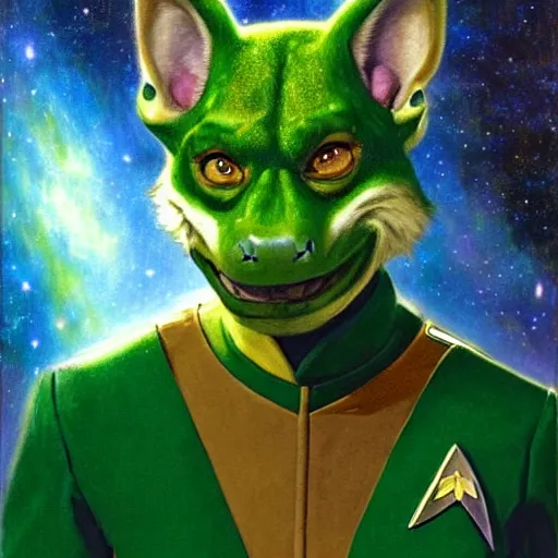 Image similar to a portrait of a male green reptile in star trek uniform at night in a dark forest. zootopia fursona furaffinity detailed face painting by gaston bussiere craig mullins jc leyendecker gustav klimt artgerm greg rutkowski