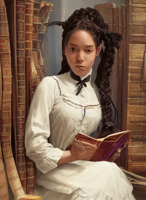 Prompt: a victorian maid with long braided hair in a reading room. African American. By Makoto Shinkai, Stanley Artgerm Lau, WLOP, Rossdraws, James Jean, Andrei Riabovitchev, Marc Simonetti, krenz cushart, Sakimichan, trending on ArtStation, digital art.