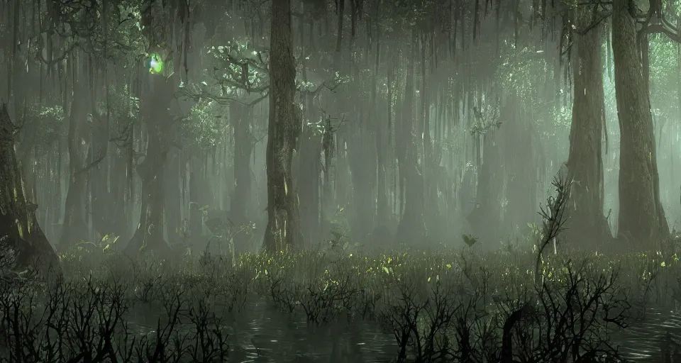 Image similar to A dense and dark enchanted forest with a swamp, from FF7