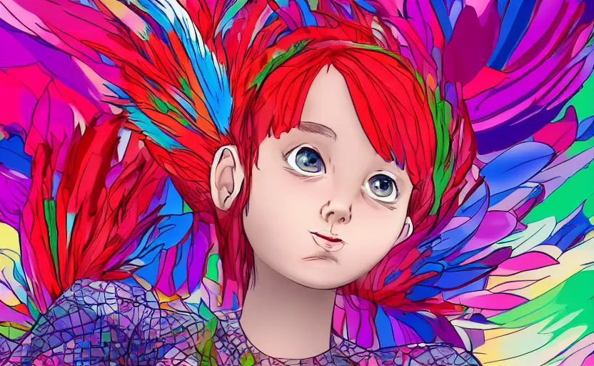 Image similar to little girl with eccentric red hair wearing a dress made of colorful feathers, cartoon art style, cyberpunk