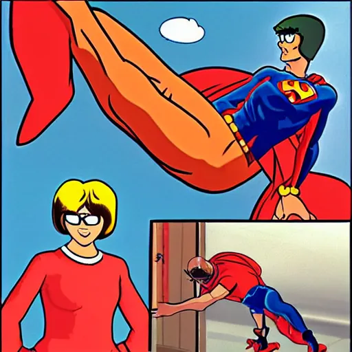 Image similar to Velma from Scooby-doo uppercuts Superman