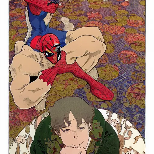 Image similar to anime manga SPIDERMAN illustration hyperrealistic art Geof Darrow and will cotton alphonse mucha pop art nouveau