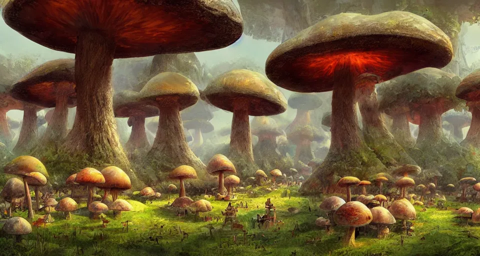 Prompt: A tribal village in a forest of giant mushrooms, by Marc Simonetti