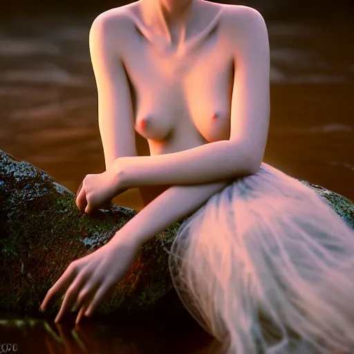 Prompt: photographic portrait of a stunningly beautiful ethereal goddess female in soft dreamy light at sunset, beside the river, soft focus, contemporary fashion shoot, hasselblad nikon, in a denis villeneuve and tim burton movie, by edward robert hughes, annie leibovitz and steve mccurry, david lazar, jimmy nelsson, extremely detailed, breathtaking, hyperrealistic, perfect face