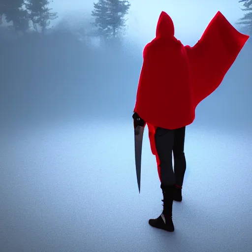 Prompt: view from the back warrior holding two swords, full body worn out damaged cape, red hoodie, worn out clothes, floating spiral sand, concept art, volumetric light, full body shot, 8K, trending on artstation