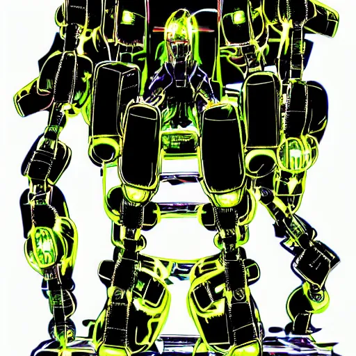 Prompt: the headless fullmetal kerberos robot sirius in electrical wired neon yellow noir outfit, with eyelike neon lights in its torso, colored manga illustration by yoji shinkawa and james jean