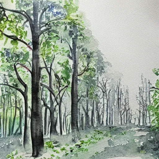 Image similar to abandoned city overgrown by trees, watercolor
