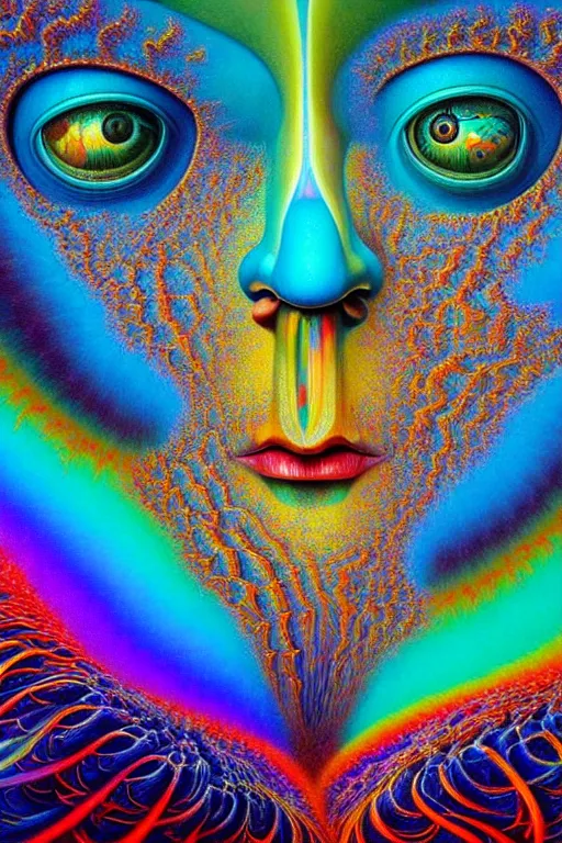 Image similar to hyperrealistic abstract close-up Renaissance psychedelic!! celestial happy! pure creature!! peaceful! kind spirit of nature! beautiful fractal!! eyes! highly detailed concept art eric zener elson peter cinematic hard rainbow lighting high angle hd 8k sharp shallow depth of field endless, inspired by Zdzisław Beksiński Salvador Dali