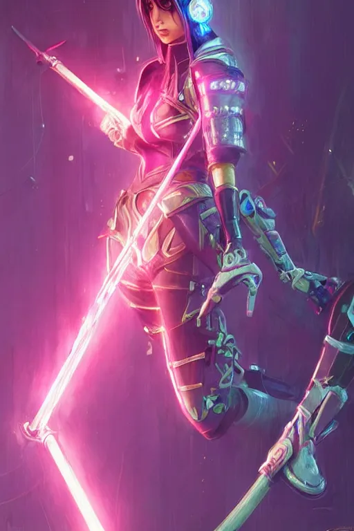 Image similar to fiora from league of legends, cyberpunk futuristic neon. fencing, long sword in her hand, decorated with traditional japanese ornaments by ismail inceoglu dragan bibin hans thoma greg rutkowski alexandros pyromallis nekro rene maritte illustrated, perfect face, fine details, realistic shaded, fine - face, pretty face, masterpiece