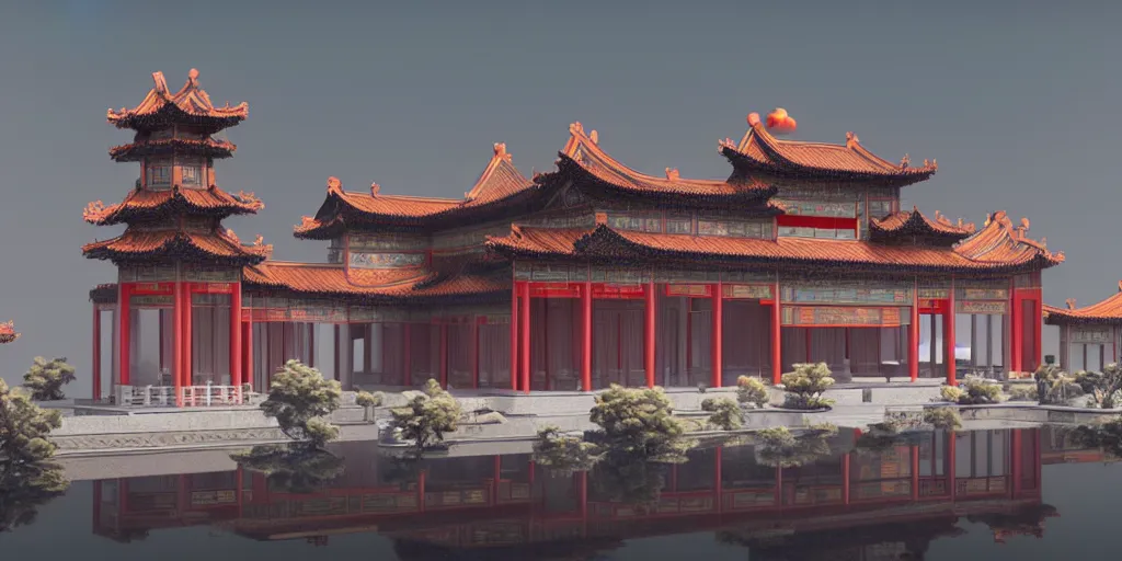 Prompt: ultra detailed photorealistic chinese palace, cinematic light, sci fi, glossy, cybernetic machines, futuristic decor, trending on artstation, global illumination, ultra realistic illustration, matte painting, high detailed, unreal engine, octane render, 4 k, hd, high quality